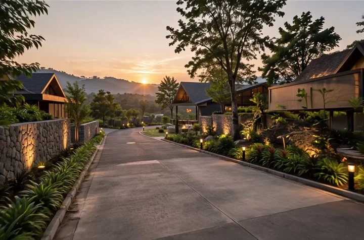 Artist's impression of a design direction being explored for Elements at Pali Khopoli: stone, timber and black metal under a pitched roof, set into a wooded hillside lane